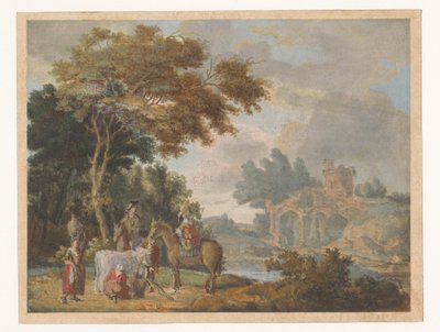 Reizigers en Landlieden in een Landschap met Antieke Ruïnes door Anonymous