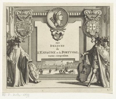 Ridders van Spaanse ordes met wapenschilden (Titelpagina voor: Juan Alvarez de Colmenar, Les Delices de l