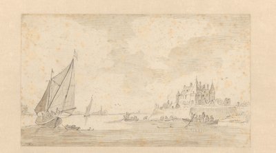 Rivierlandschap met kasteel door Anonymous