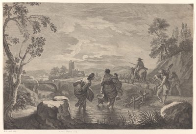 Rivierlandschap met overstekende figuren door Anonymous