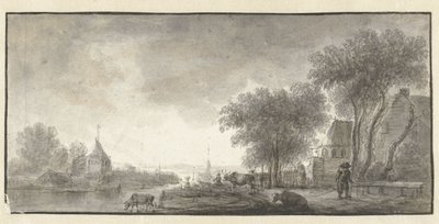 Rivierlandschap met vee en enkele huizen door Anonymous