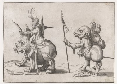 Ruiter op een olifantachtig monster (Groteske figuren omgeven door een kaderlijn) (series title) door Anonymous