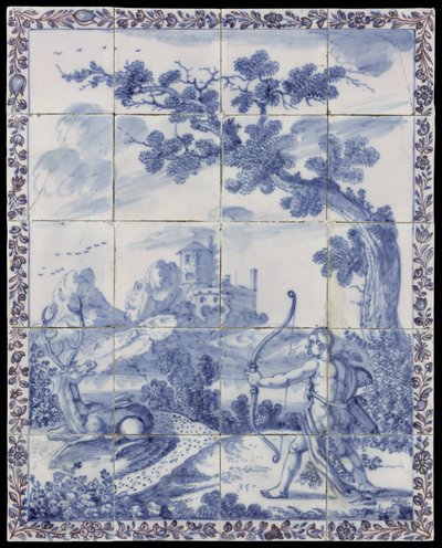 Tegeltableau met in blauw een landschap met mythologische voorstelling: Cyparissus verandert in een cypres door Anonymous