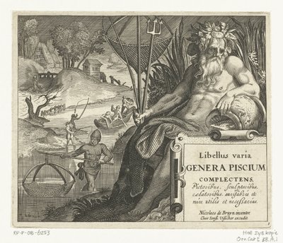 Titelprent met titel en riviergod met drietand en visnet in landschap met vissers door Anonymous
