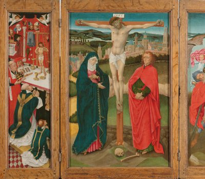 Drieluik met de kruisiging (middenpaneel), de mis van de heilige Gregorius (binnenzijde linkervleugel), de heilige Christoforus (binnenzijde rechtervleugel) en de verkondiging aan Maria (buitenzijde vleugels) door Anonymous