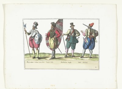 Vier militairen in uniformen volgens de mode in de Nederlanden en Engeland, ca. 1580 door Anonymous