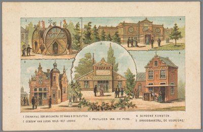 Vijf paviljoens op de Wereldtentoonstelling in Amsterdam, 1883 door Anonymous