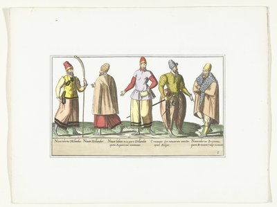 Vijf zeelieden gekleed volgens de mode in de Nederlanden en Bretagne, ca. 1580 door Anonymous