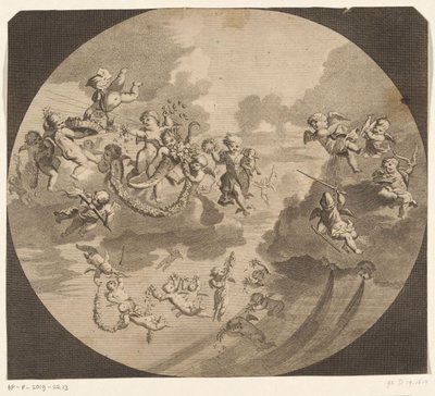 Vliegende putti met bloemenkransen door Anonymous