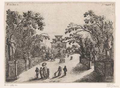 Wandelende mensen in een park, een landhuis in de achtergrond door Anonymous