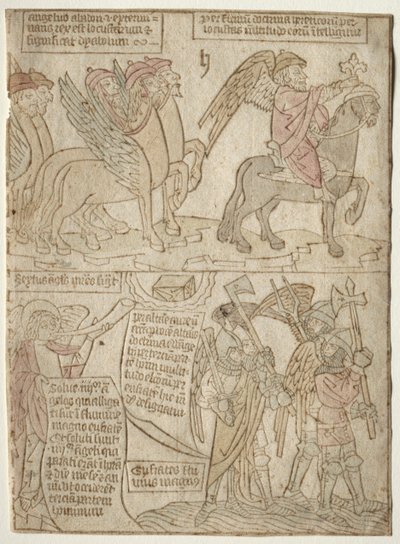 Pagina uit de Apocalyps (De Sprinkhanen met de Engel van de Afgrond en De Zesde Trompet) door Anonymous