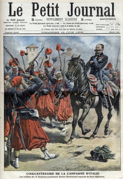 50e verjaardag van de Italiaanse campagne: de soldaten van het 3e Regiment van Zouaven juichen koning Victor Emmanuel III (Victor Emmanuel, Vittorio Emanuele 3) toe, benoemd tot korporaal van hun regiment na de Slag bij Palestro - 