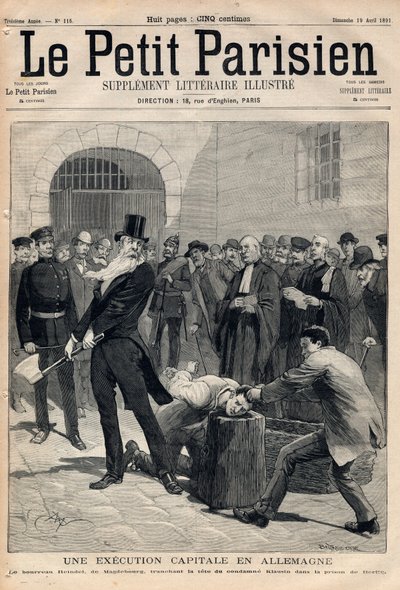Een executie in Duitsland. Beul Friedrich Reindel uit Maagdenburg, die het hoofd van de veroordeelde Klausin afhakt in de gevangenis van Berlijn. Gravure in 