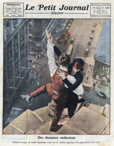 Een stel extreme dansers, evolueren op de rand van een wolkenkrabber in New York. Illustratie uit 