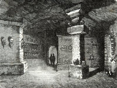 Een galerij van catacomben in Parijs in de 19e eeuw - Gravure - Privécollectie door Anonymous Anonymous