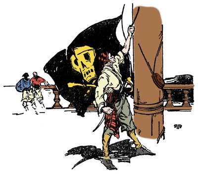 Een piraat hijst de zwarte vlag naar de dood. Illustratie uit 
