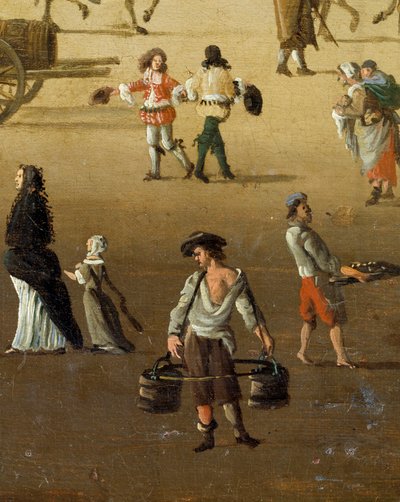 Een waterdrager tilt twee emmers op de Pont Neuf in Parijs in de 17e eeuw (detail) door Anonymous Anonymous