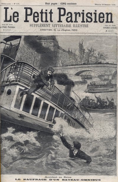 Ongeluk in de Seine in Parijs - Het zinken van een Omnibusboot: de bemanning van de boot springt in de Seine om te ontsnappen. Le Petit Parisien, op 18/12/1898. door Anonymous Anonymous