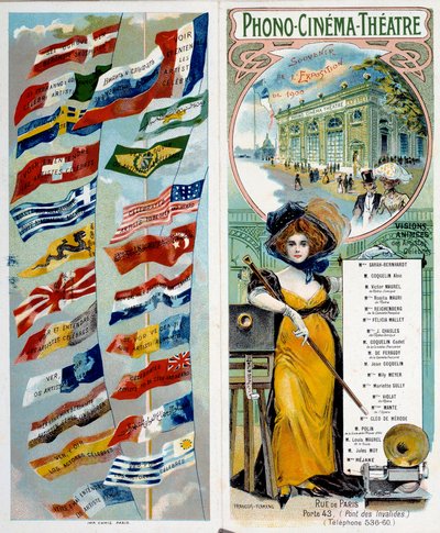 Reclame: Phono - cinema - theater: zie en hoor beroemde artiesten. Chromolithografie gepubliceerd op de Wereldtentoonstelling van 1900 met de vlaggen van verschillende landen. Parijs, Musée Carnavalet - Posterreclame 