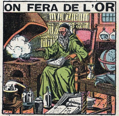 Alchemist van de Middeleeuwen in zijn laboratorium op zoek naar goud. Anonieme illustratie uit 1925. Privécollectie. door Anonymous Anonymous