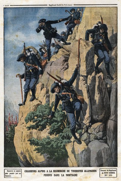 Alpenjagers op zoek naar verloren Duitse toeristen. Ze wilden naar de Nero (Helm van Nero) berg van het Chartreuse-massief. Gravure in 