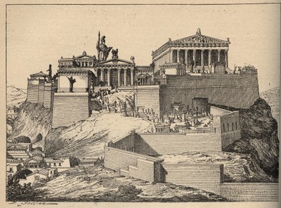Oud Griekenland: het Parthenon, tempel van Athena, op de heuvel van de Akropolis van Athene - gravure 1890 door Anonymous Anonymous