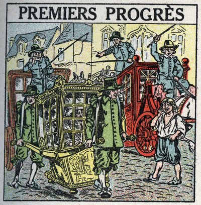 Dierlijke tractie: een draagstoel die het verkeer verstoort. Anonieme illustratie uit 1925. Privécollectie. door Anonymous Anonymous