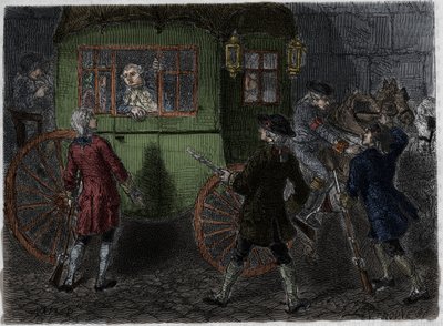 Arrestatie van Lodewijk XVI (1754-1793) en zijn vluchtende familie in Varennes op 21 juni 1791. Gravure uit 1866 in 