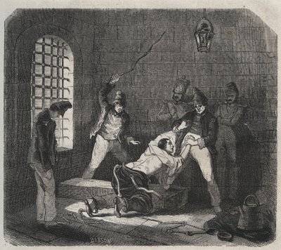 Bagne van Brest: geseling. Gravure in “Histoire des bagnes depuis leur création à nos jours” (1877). Privécollectie door Anonymous Anonymous