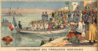 Inscheping van Senegalese ruiters met hun vrouw. Gravure uit de krant "Le Petite Parisien", op 22/03/1908. Privécollectie. door Anonymous Anonymous