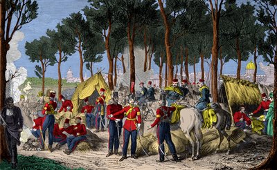 Kampement van Russische en Engelse troepen op de Champs Elysees in Parijs in juli 1815 na de nederlaag van Napoleon I, gravure, privécollectie door Anonymous Anonymous