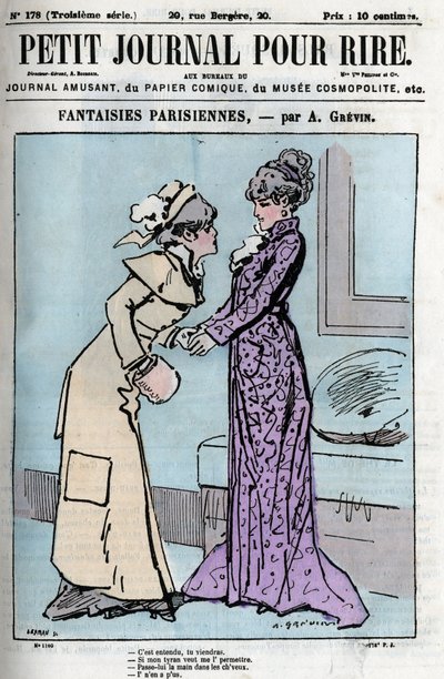 Cartoon over Parijse koppels. Twee vrouwen die over de autoriteit van hun echtgenoten praten: 