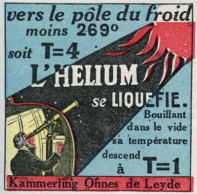 Veranderingen in toestanden: dampen. Nederlandse Heike Kammerling Ones (1853-1926), uit Leiden, slaagde erin helium te liquefiëren in 1908. Anonieme illustratie uit 1925. Privécollectie. door Anonymous Anonymous