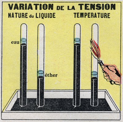 Veranderingen in toestanden: dampen. Variatie van spanning afhankelijk van de aard van de vloeistof of temperatuur. Anonieme illustratie uit 1925. Privécollectie. door Anonymous Anonymous