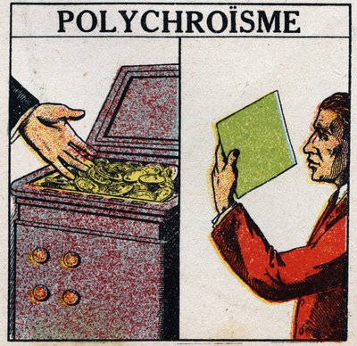 Kleuren: polychroïsme. Gouden munten zijn geel, maar goud in dunne laag is groen van kleur. Anonieme illustratie uit 1925. Privécollectie. door Anonymous Anonymous