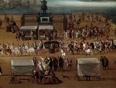 Stoet die langs het standbeeld van Henri IV op de Pont Neuf in Parijs passeert in de 17e eeuw (detail). Anoniem schilderij. Parijs, Musee Carnavalet door Anonymous Anonymous
