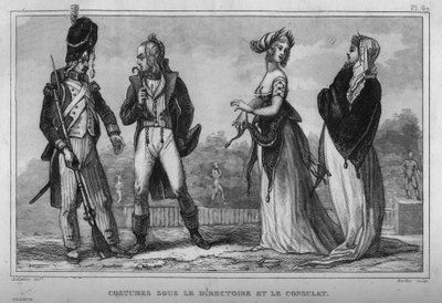 Kostuum op het Directoire en het Consulaat. Gravure uit 1859 in Le Monde. Geschiedenis van alle volkeren vanaf de vroegste tijden tot heden. door M. E. de Lostalot-Bachoue. Privécollectie. door Anonymous Anonymous