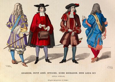 Kostuums van heer, kleine abt, officier en rijke burger in Parijs onder het bewind van koning Lodewijk XIV in de 17e eeuw - privécollectie door Anonymous Anonymous
