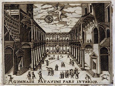 Hof van de Universiteit van Padua (Padova) in Italië in de 17e eeuw. Anonieme gravure uit de 17e eeuw. Milanees. door Anonymous Anonymous