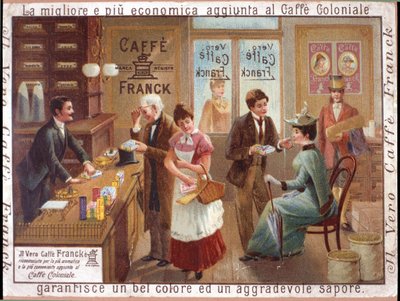 Klanten in een kruidenierswinkel die koffie verkopen. Reclame voor de 
