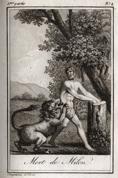 Dood van Milon de Crotone (Milo van Croton) verslonden door een wolf. Gravure uit 1819 in "Lettres à Emilie sur la mythologie" door Charles Albert Demoustier (1760-1801). Privécollectie. door Anonymous Anonymous