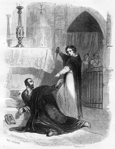 Dood van de Inquisiteur Pedro (Peter) van Arbues (1441/1442 - 1485) in de kathedraal van Zaragoza in september 1485. Illustratie in 