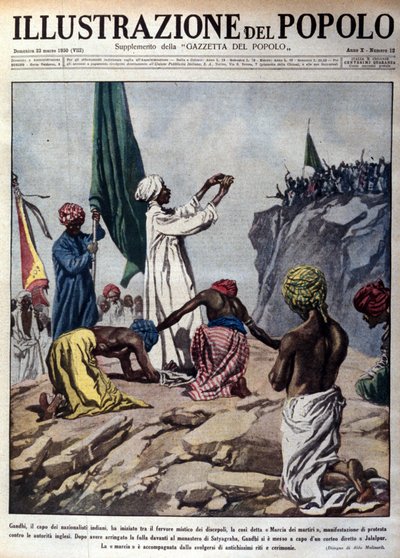 Demonstratie geleid door politiek leider Mohandas Karamchand Gandhi (1869-1948) om te protesteren tegen de Engelse autoriteiten, een ceremonie tijdens de zogenaamde Martelarenmars naar Jalaipur. Illustratie uit L