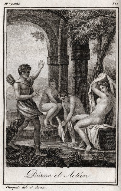 Diana en Actaeon. Diana verrast in het bad door de jager Actaeon. Gravure uit 1819 in 