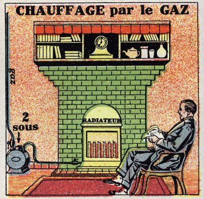 Huishoudelijke verwarming: gasverwarming. Anonieme illustratie uit 1925. Privécollectie. door Anonymous Anonymous