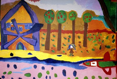Tekening van kinderen van de Croix Rousse school die een molen en bomen afbeelden. Saint Brieuc, Saint-Brieuc. door Anonymous Anonymous