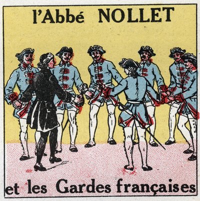 Elektrische condensatoren: schok veroorzaakt door condensatoren. Ervaring met de fles van Leiden door Abbe Jean Antoine Nollet (Jean-Antoine) (1700-1770), Franse natuurkundige in Versailles, waar 180 bewakers tegelijkertijd werden getroffen in 1746. Anonie door Anonymous Anonymous