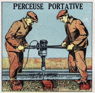 Elektrische gereedschappen: draagbare boor. Anonieme illustratie uit 1925. Privécollectie. door Anonymous Anonymous