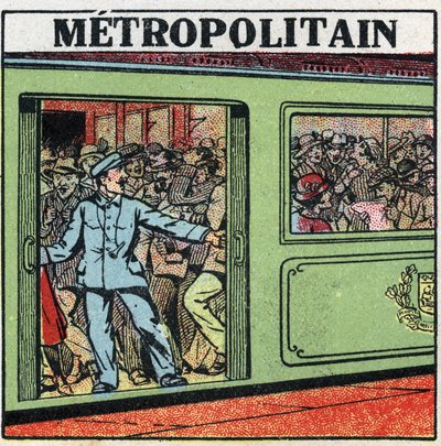 Elektrische trams: passagiers stapelen zich op in de Metropolitain in Parijs. Anonieme illustratie uit 1925. Privécollectie. door Anonymous Anonymous