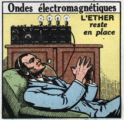 Elektrische verschijnselen: als de ether op zijn plaats blijft, geeft de trillingsbeweging de elektromagnetische golven die in de T.S.F. worden gebruikt. Anonieme illustratie uit 1925. Privécollectie. door Anonymous Anonymous